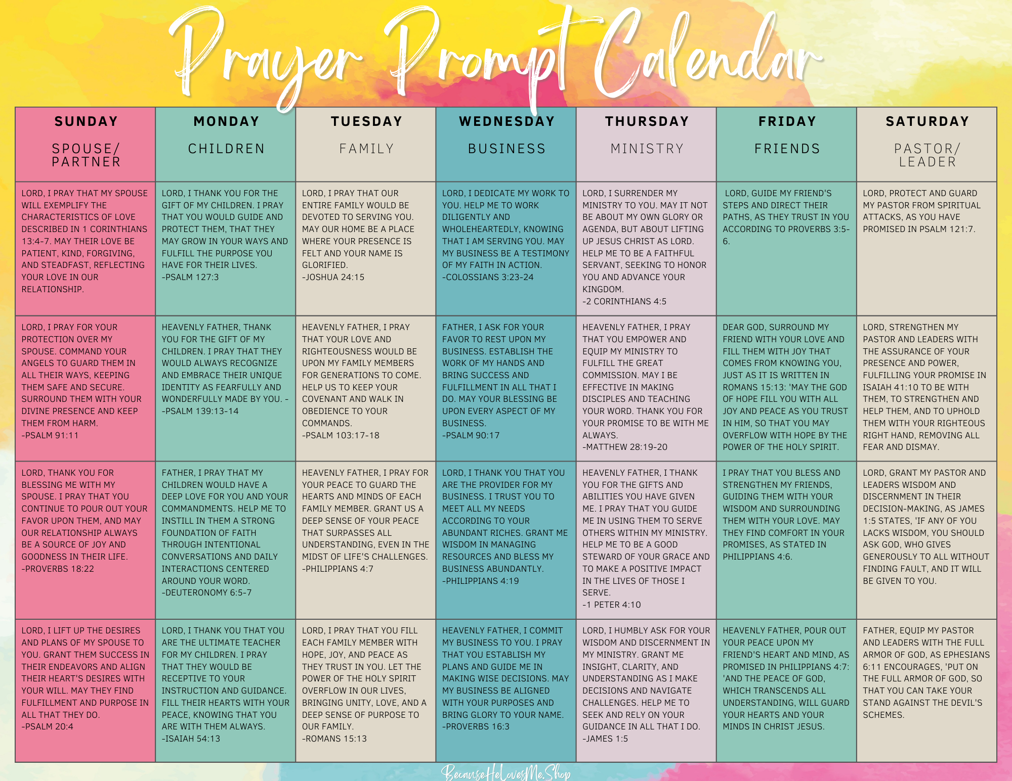 Prayer Prompt Printable Calendar-COLOR